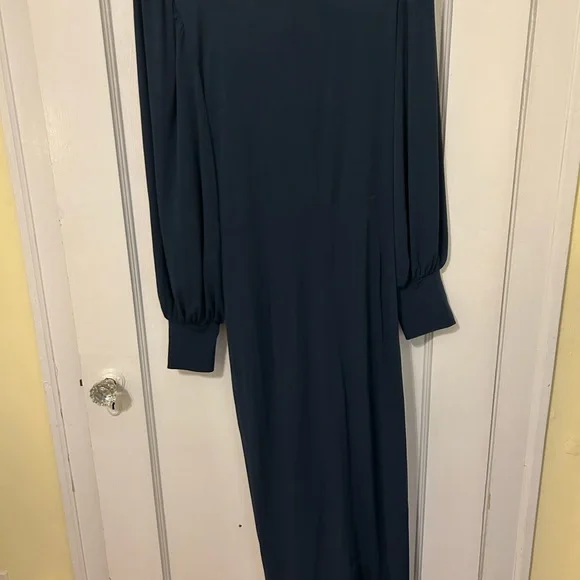 Eloquii Elegant Long Sleeve Wrap Waist Dress in Navy - Picture 9 of 9